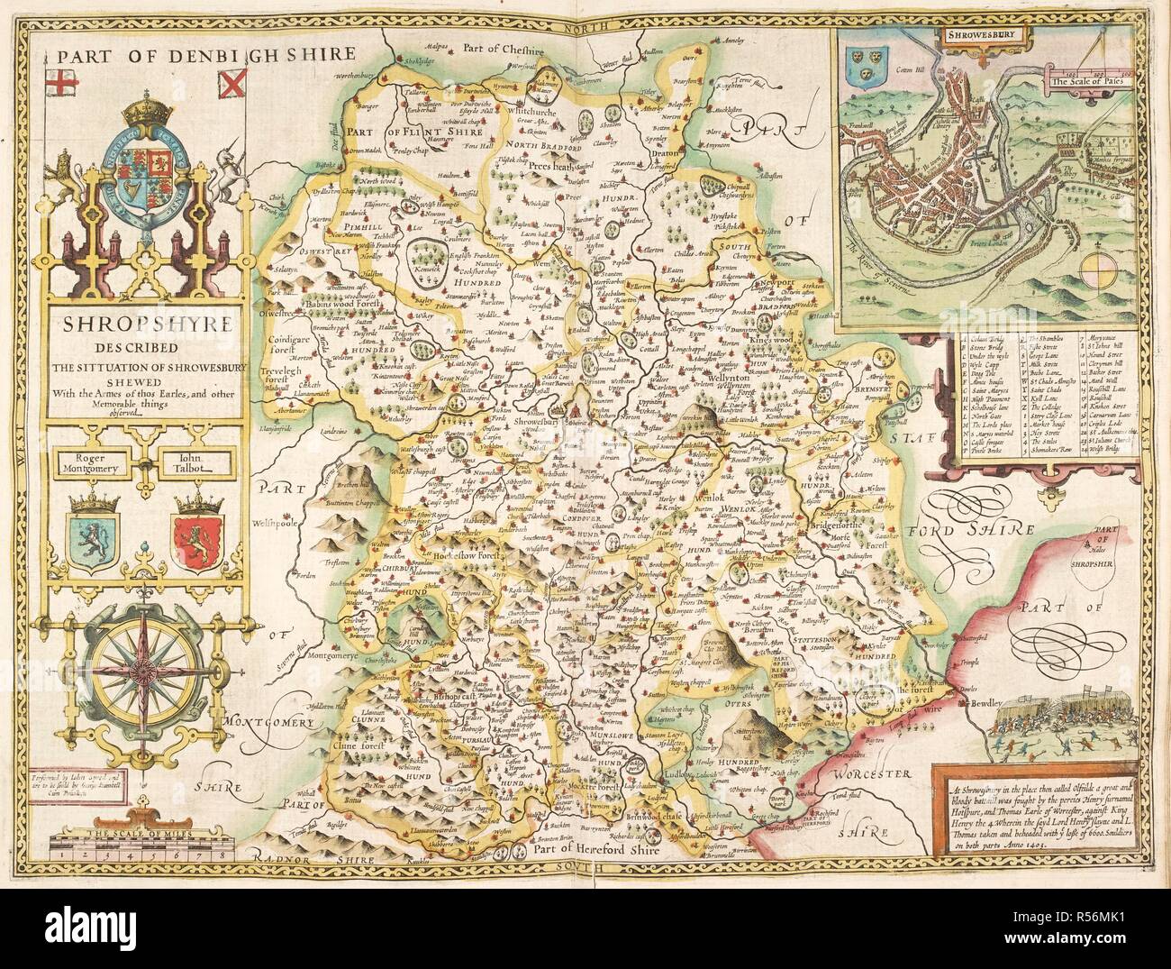 Shropshyre descritto. Il sittuation di Shrowesbury riferì con la armes di thos earles e altre cose memorabili osservato: Roger Montgomery - John Talbot. Eseguita da Giovanni velocità. (Shrowesbury.) Mappa di Shropshire. Theatrum Imperii Magnae Britanniae; ... Opus nuper quidem aÌ€ Iohanne SpeÌdo ... nunc vero aÌ Philemone Hollando ... latinitate donatum. pp. 146. Londra : I. Sudbury et G. umile, 1616. Fonte: maps.C.7.c.20.(2). Foto Stock