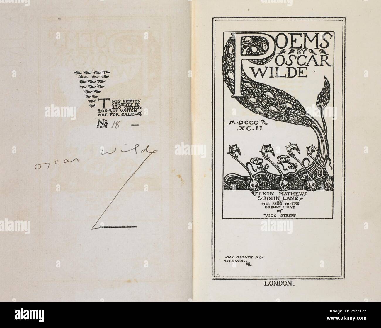 Firma di Oscar Wilde e un illustrati nella pagina del titolo. Poesie di Oscar Wilde. Londra: Elkin Mathews & John Lane ..., 1892 Chiswick Press - C. Whittingham & Co. Fonte: Eccles 354 frontespizio e titolo-pagina. Autore: Wilde, Oscar Fingal O'Flahertie Wills. Foto Stock