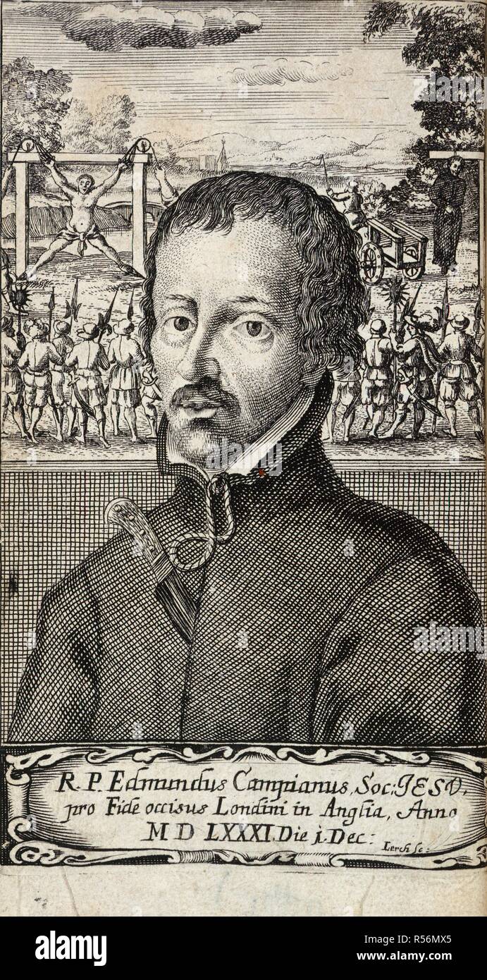 San Edmund Campion. Edmundi Campiani ... Rationes Decem proposit:in ca. Anversa; 1631. San Edmund Campion (1540-81). Gesuita inglese. Ritratto. Impiccati a Londra. Immagine presa da Edmundi Campiani rationes Decem proposit:in causa fidei et eius opuscula selecta Auctiori editione. Originariamente pubblicato/prodotto in Anversa; 1631. . Fonte: G.1482, frontespizio. Autore: Campion, E e Petrasanta, Silvester (a cura di). Lerch, J. M. Foto Stock