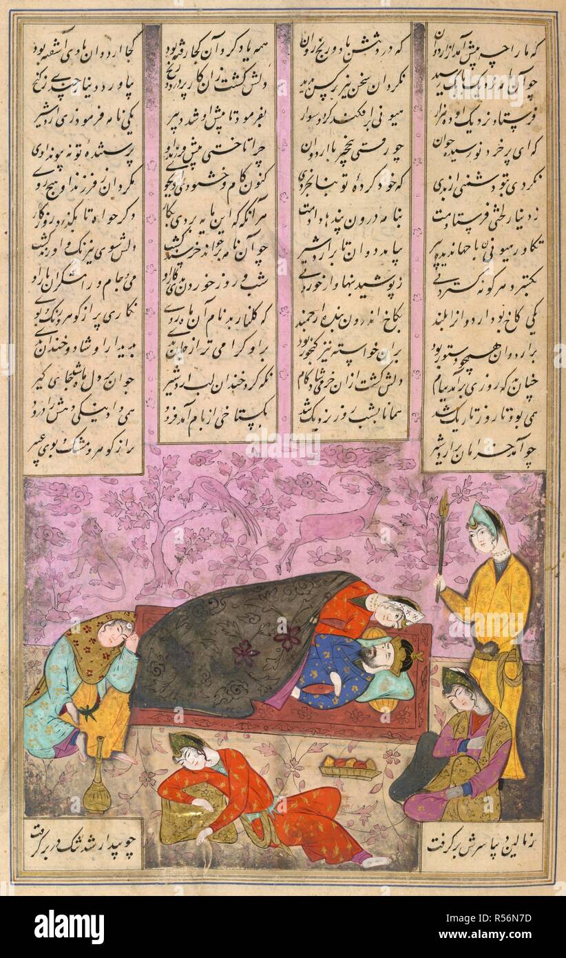Ardashir nel letto con Gulnar. Shahnama di Firdawsi, con 63 miniature. 1604. Ardashir nel letto con Gulnar.13 da 15,5 cm. Acquerello opaco. Safavid/Isfahan stile. Immagine presa da Shahnama di Firdawsi, con 63 miniature. Originariamente pubblicato/prodotto in 1604. . Fonte: i.o. ISLAMIC 966, f.358. V.o. persiano. Foto Stock