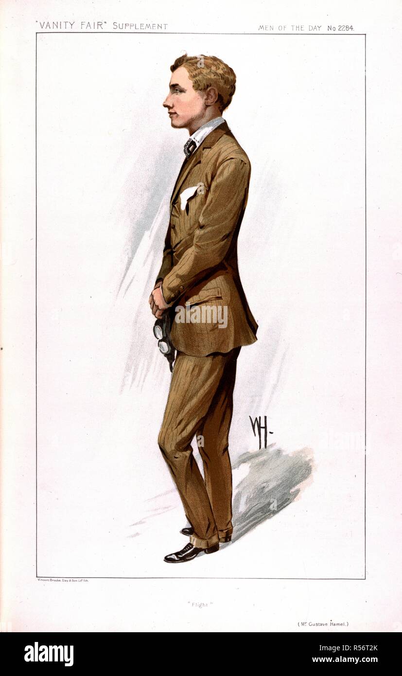 Gustav Hamel (Giugno 25, 1889 - manca Maggio 23, 1914). Aviatore inglese. Nel 1913 egli ha fatto un record doppio attraversamento del canale da Dunkerque a Dover e torna in 90 minuti. Egli scomparve oltre la Manica su 23 Maggio 1914 durante il ritorno da Parigi. . Vanity Fair supplemento : gli uomini del giorno, No.2284. Londra, 31 luglio 1912. Fonte: Colindale, 144. Lingua: Inglese. Foto Stock