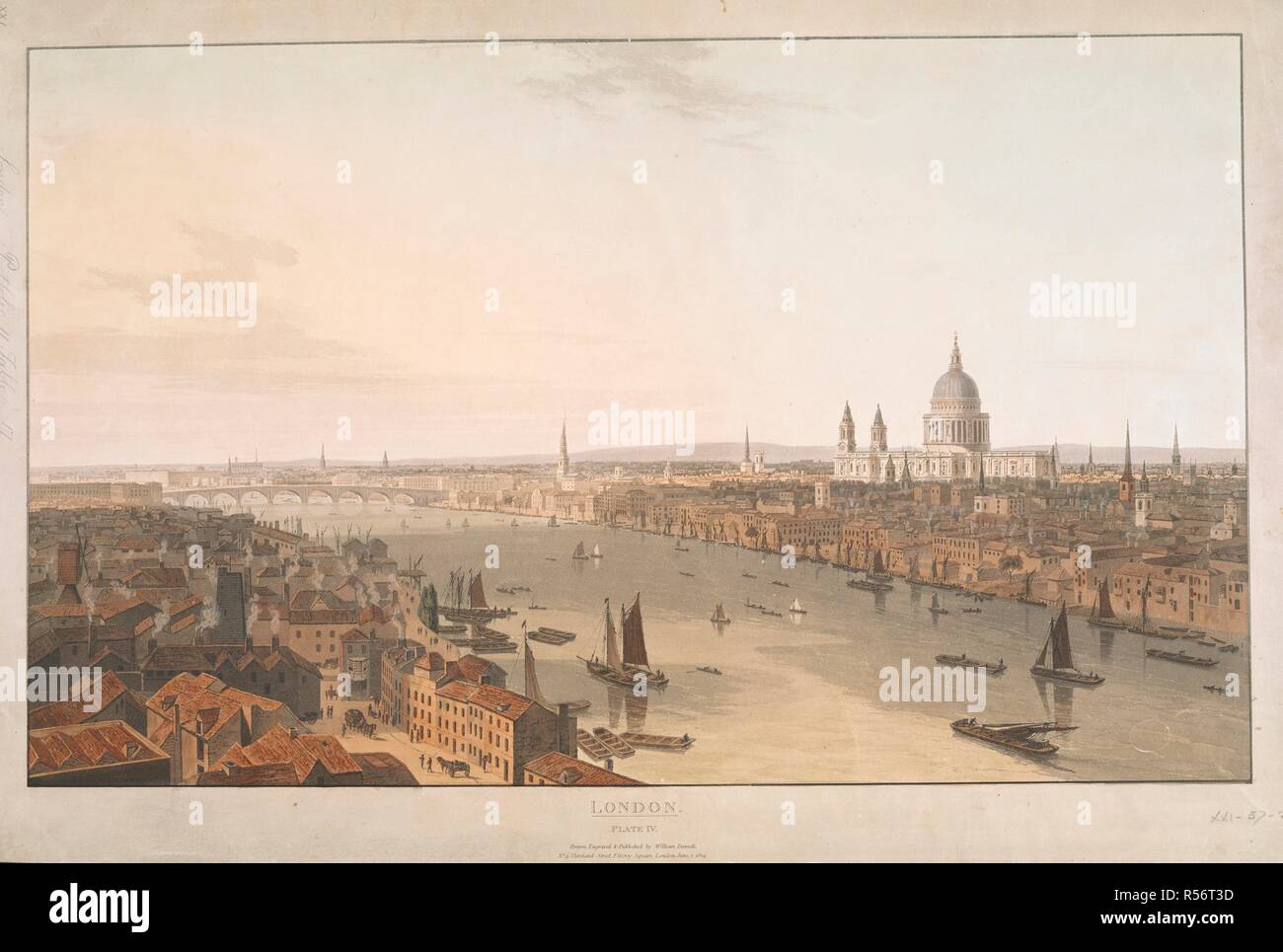 Londra / Piastra IV. Vista verso ovest dalla banca del sud lungo il Tamigi con san Paolo superiore destra. . Sei viste di Londra, da Wm. Daniell, 1804,5. [Londra] : No. 9 Cleveland Street, Fitzroy Square, Londra, 1 giugno 1804. Fonte: Mappe K.Top.21.57.2d.PORT.11.tab. Autore: DANIELL, William. Foto Stock
