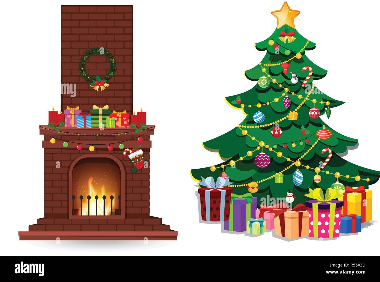 Set di Cartoon ornato di fuoco ardente luogo e di abete albero di natale con tanti doni isolati su sfondo bianco. Vector Natale o Capodanno illustrazione, Illustrazione Vettoriale
