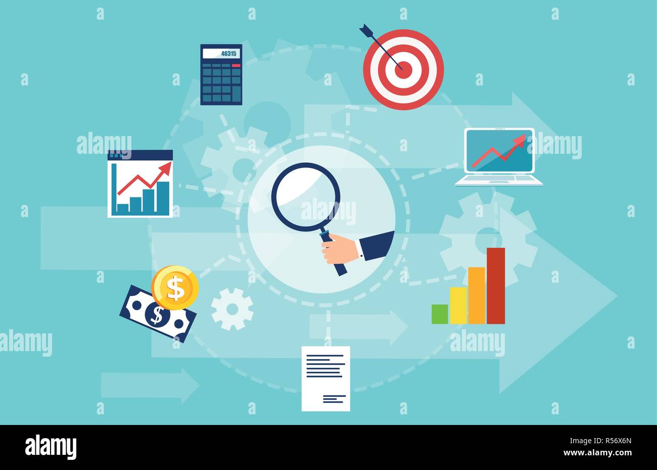 Business intelligence e analisi dei dati aziendali per i. concetto. Banner di vettore di ricerca di mercato con icone isolati su fondo azzurro Illustrazione Vettoriale