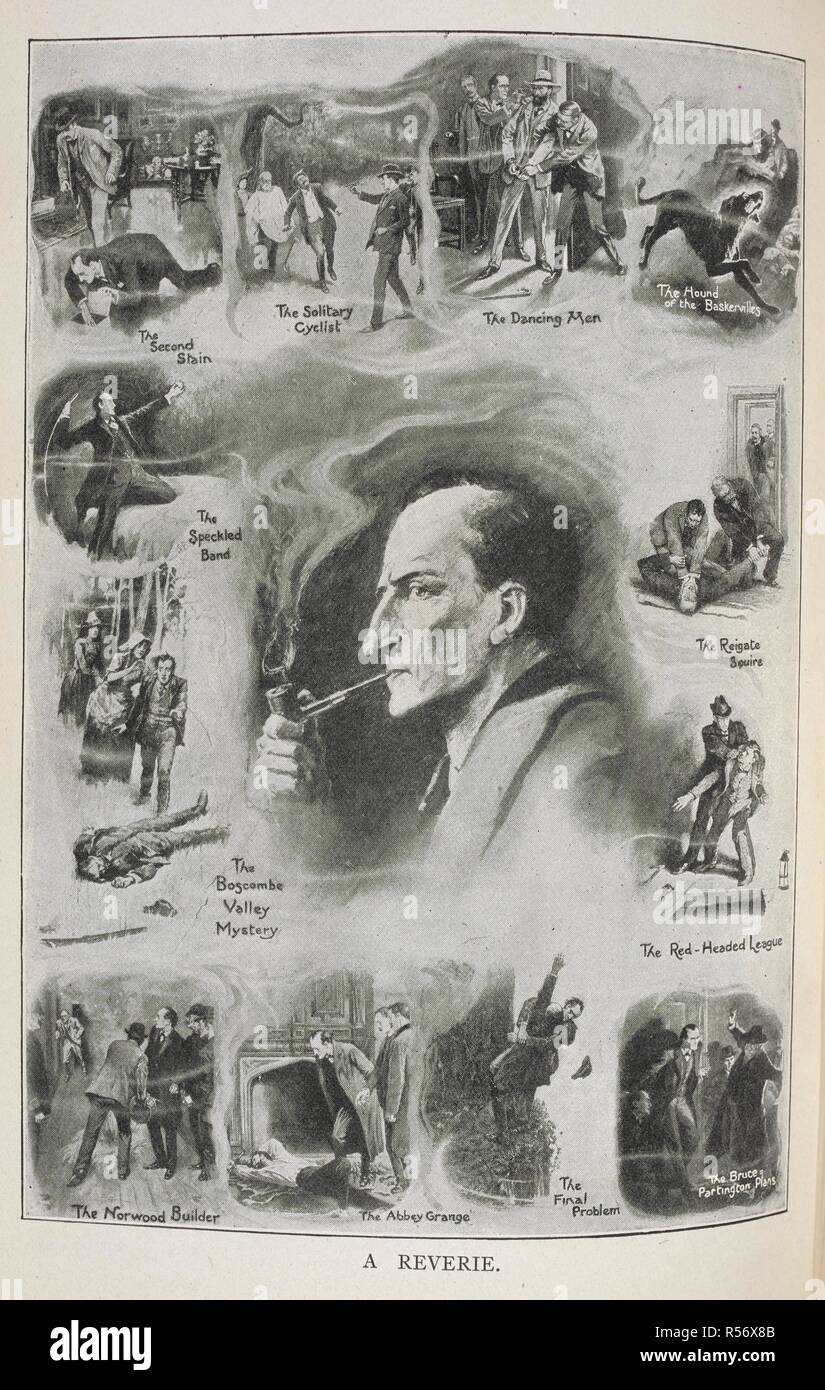 Un ritratto di Sherlock Holmes circondato da illustrazioni di alcune delle sue avventure. The Strand Magazine : un mensile illustrato. Londra : George Newnes, 1891-1950. Fonte: P.P.6004.glk, marzo 1911, pagina 258. Lingua: Inglese. Foto Stock