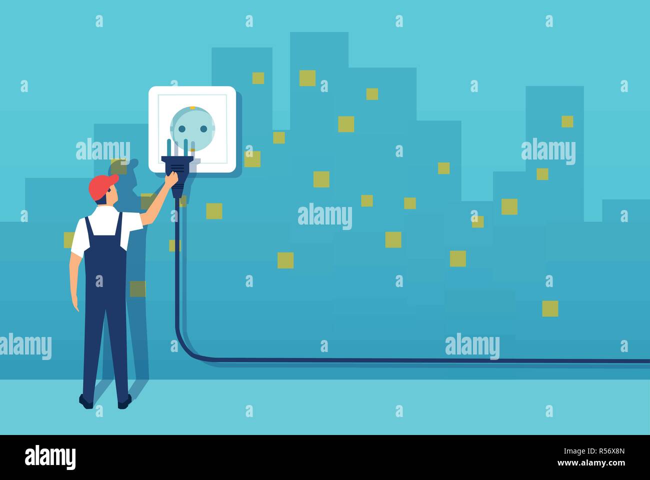 Il design del vettore di cartoon elettricista corda di tamponamento in e dare energia alla città Illustrazione Vettoriale