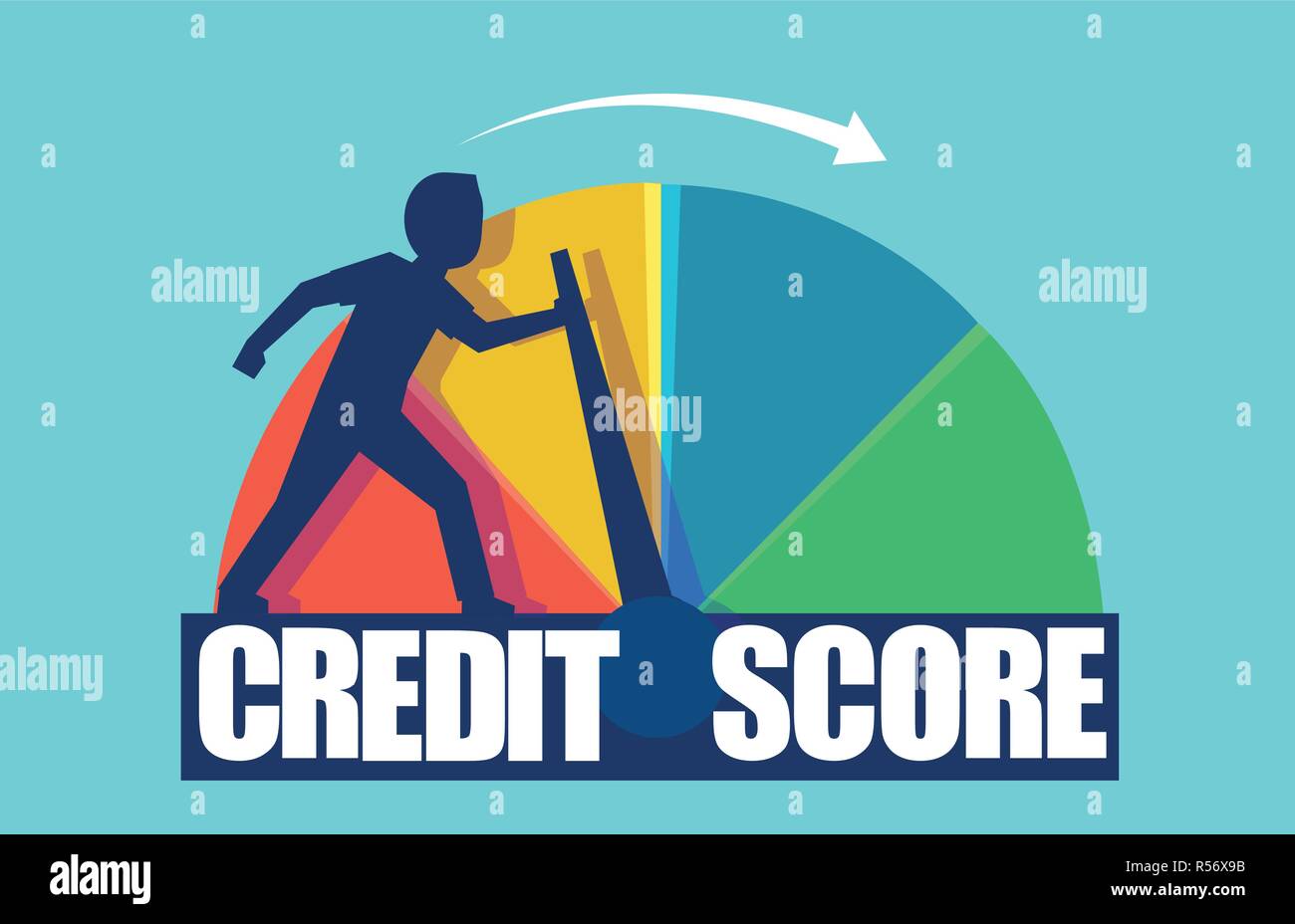 Punteggio di credito concetto. Vettore di un imprenditore scala di spinta modificando le informazioni di credito da povere a buone. Illustrazione Vettoriale