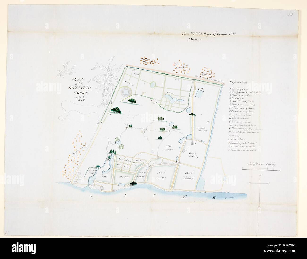 Il piano terra del Giardino Botanico di Calcutta nel 1843. . Relazione annuale sulla Calcutta Giardini Botanici del 1846. India, 1846. Fonte: F/4/2219 piastra 1. Lingua: Inglese. Foto Stock