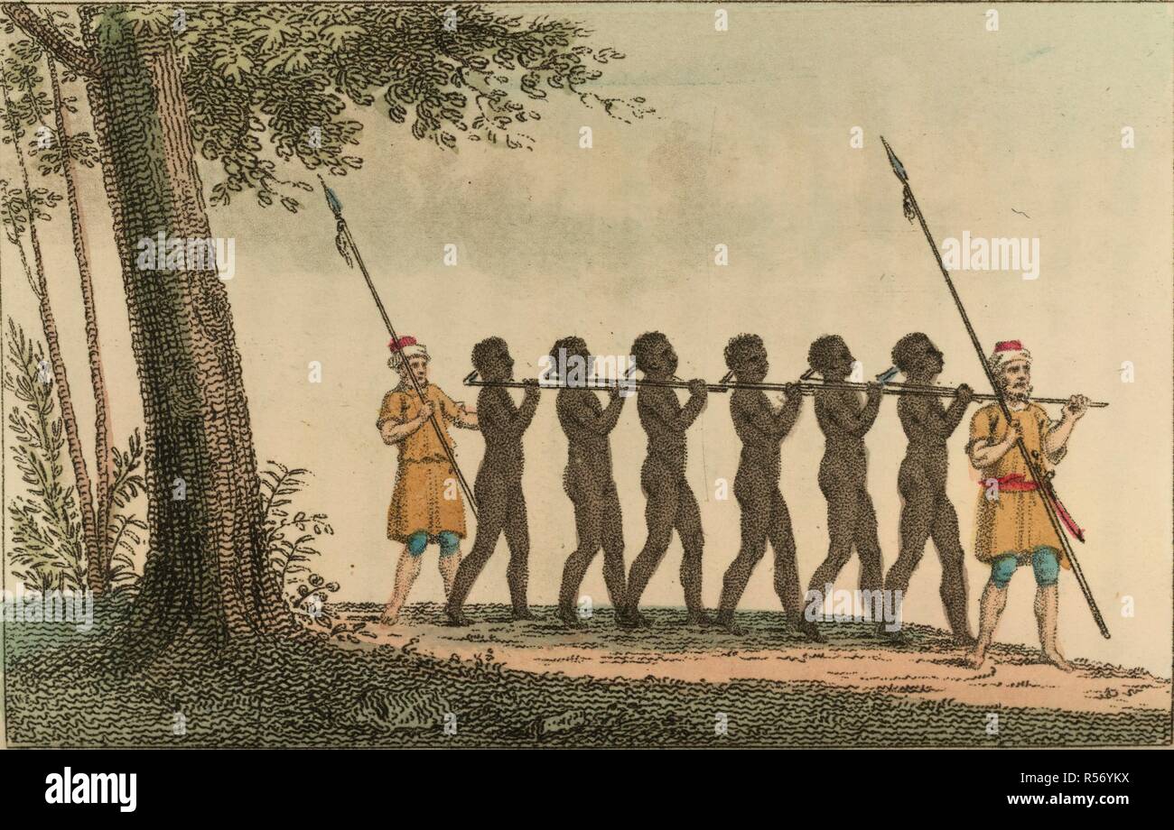 Una linea di schiavi, e due protezioni. Il mondo in miniatura. Londra, 1827. Fonte: 576.c.46 volume 4, pagina opposta 47. Autore: Federico SHOBERL. Foto Stock