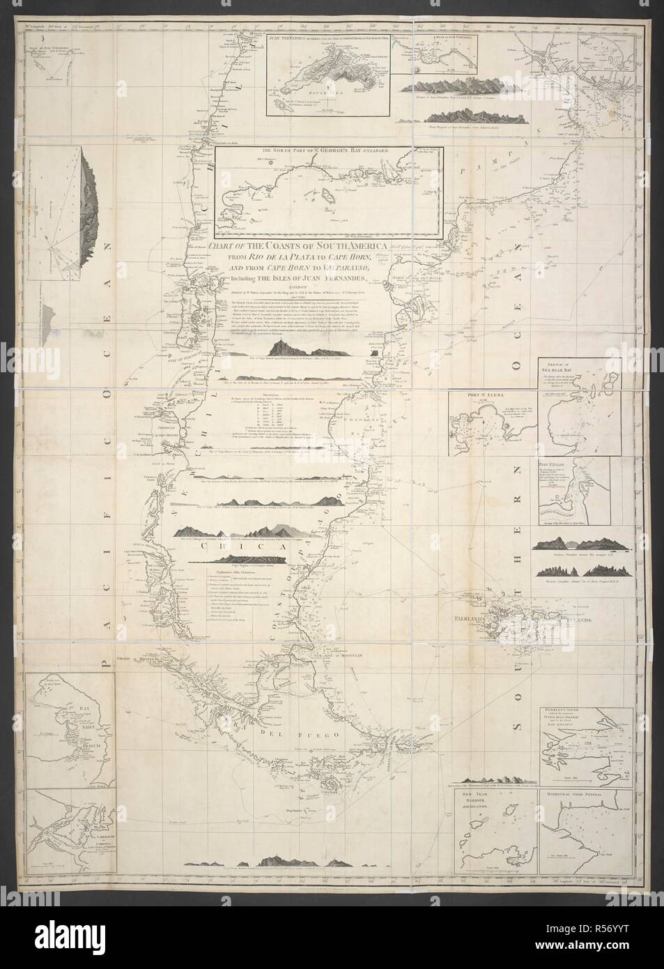 Un grafico delle coste del Sud America da Rio de la Plata a Capo Horn, e dal Capo Horn per Valparayso. Grafico delle coste del Sud America da Rio de la Plata a Capo Horn, e dal Capo Horn per Valparayso, ecc. (Porto San Giuliano. A due miglia[ = 28 mm.]). 1802. Fonte: Mappe 83090.(2.). Lingua: Inglese. Foto Stock