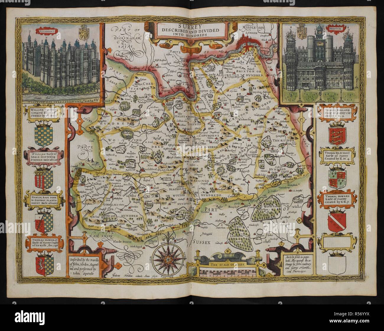 Surrey. Descritto e suddiviso in centinaia. Descritto dal travills di Giovanni Norden AugmeÌƒted ed eseguita da Iohn Speede. Jodocus Hondius caelavit. Anno 1610. La scala delle miglia, 8[ = 83 mm.] . Il Teatro dell'impero della Gran Bretagna. Londra : John Sudbury & George umile, 1611. Fonte: Mappe C.7.c.20.(2.), f.11. Foto Stock
