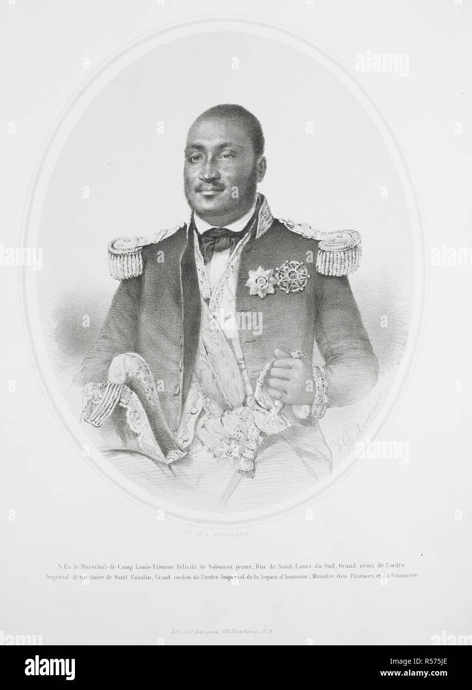 Louis-Etienne FÃ©licitÃ© de Salomon jeune. Lysius Salomon ca. 1843 Prima divenne presidente. Louis Ã‰tienne FÃ©licitÃ© Lysius Salomon (Giugno 30, 1815 â€" 19 ottobre 1888) è stato il presidente di Haiti dal 1879 al 1888. Salomon è ricordata soprattutto per l'istituzione di Haiti il primo sistema postale e la sua vivace entusiasmo per modernizzare il paese. . Empire d'HaÃ¯ti. New York : [1852?]. Fonte: HS.74/2132 piastra 9. Foto Stock