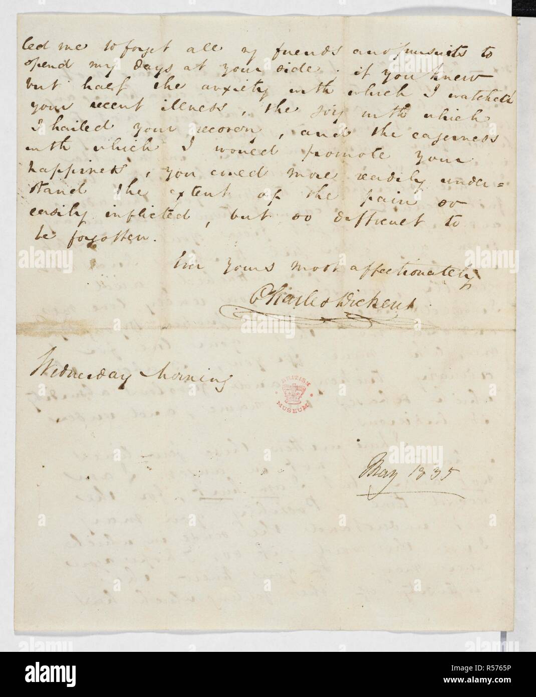 Lettera da Charles Dickens a Catherine Hogarth, maggio 1835. Lettere di Charles Dickens a sua moglie Caterina, nÃ©e Hogarth; maggio 1835-5 nov. 1867, n.d. Autografo. La serie comprende 136 lettere, di cui i primi sessanta (per lo più prive di data) sono state scritte prima del loro matrimonio il 2 aprile 1836, e gli ultimi quattro dopo la loro separazione nel 1858. Maggio 1835. Fonte: Aggiungi. 43689 f.3v ultima pagina. Foto Stock