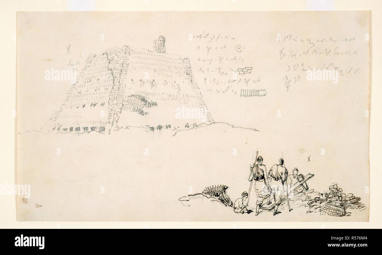 Forno di mattoni. Album di disegni del Bengala. 1821-1825. Studi di un forno di mattoni e di un gruppo di uomini segagione di un listone. Matita, penna e inchiostro. Immagine presa da un album di disegni del Bengala. Originariamente pubblicato/prodotto in 1821-1825. . Fonte: WD 3385, f.27. Autore: CHINNERY, George. Foto Stock