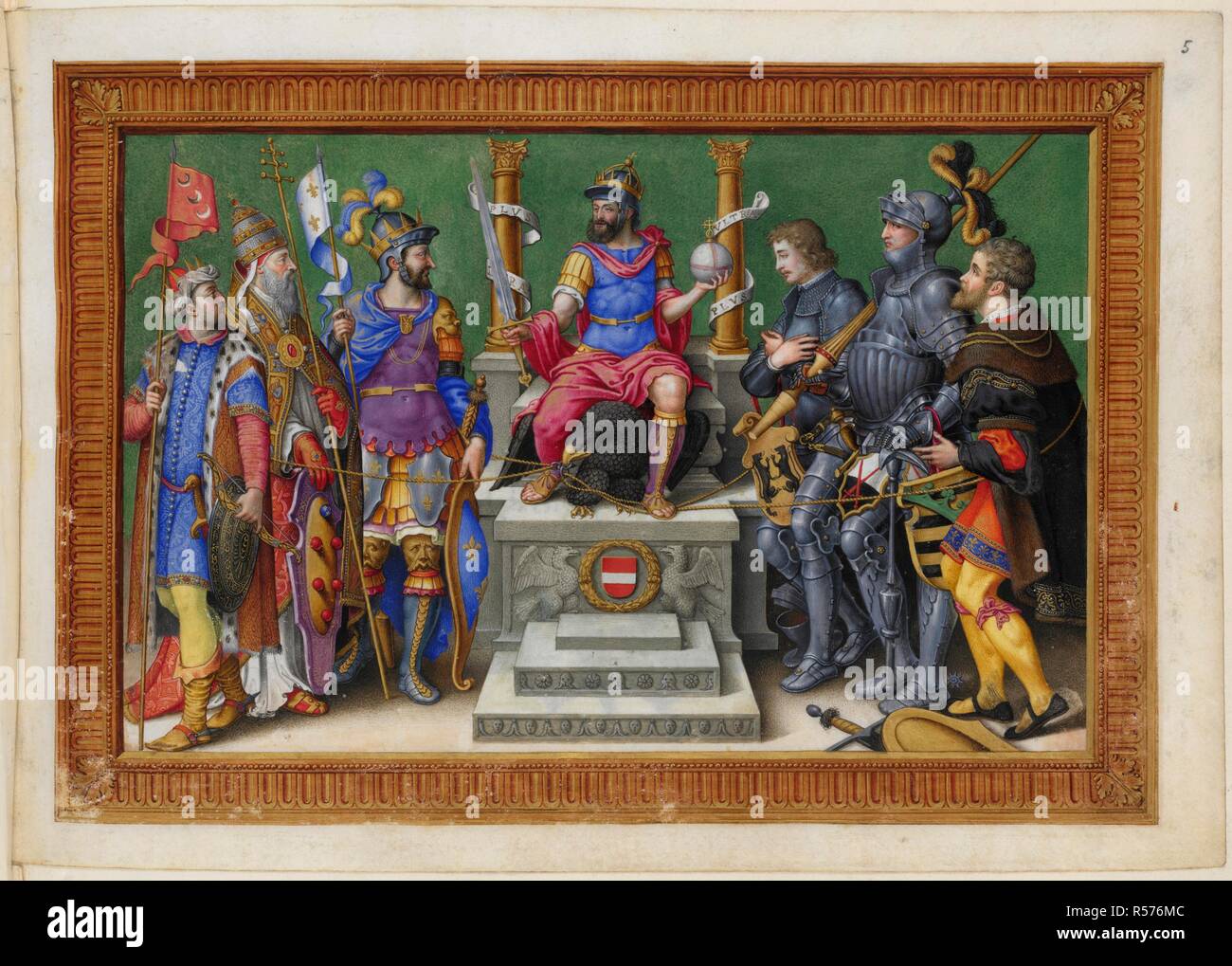 L'imperatore Carlo V in trono. Vittorie dell'Imperatore Carlo V. ITALIA; xvi secolo. [Tutto] in miniatura l'imperatore Carlo V in trono fra i suoi nemici. Da un design di Martin van Heemskerck immagine presa da vittorie dell'Imperatore Carlo V. originariamente pubblicato/prodotto in Italia; xvi secolo. . Fonte: Aggiungi. 33733, f.5. Lingua: Spagnolo. Autore: Clovio, Giulio. Foto Stock