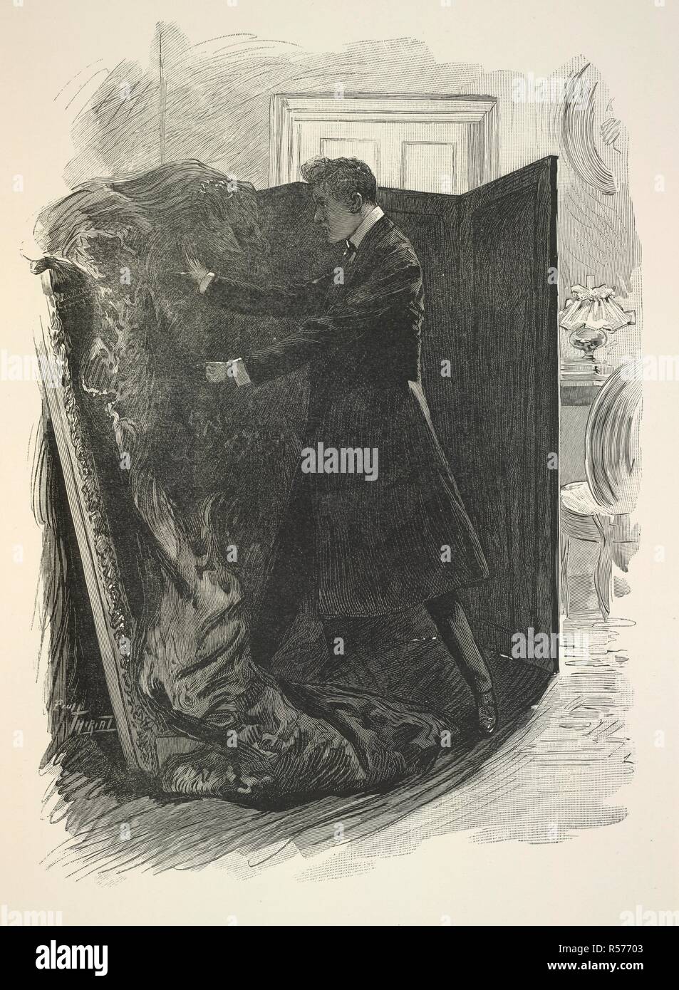 Copertura della pittura. " Uno sguardo di dolore è venuto attraverso di lui ed egli fu scagliata la ricca pall sull'immagine'. . La Foto di Dorian Gray. Charles Carrington: Parigi, 1908 [1910]. Fonte: Cup.501.c.13, opposta 160. Lingua: Inglese. Autore: Wilde, Oscar Fingal O'Flahertie Wills. Il DELE, dopo Thiriat, P. Foto Stock