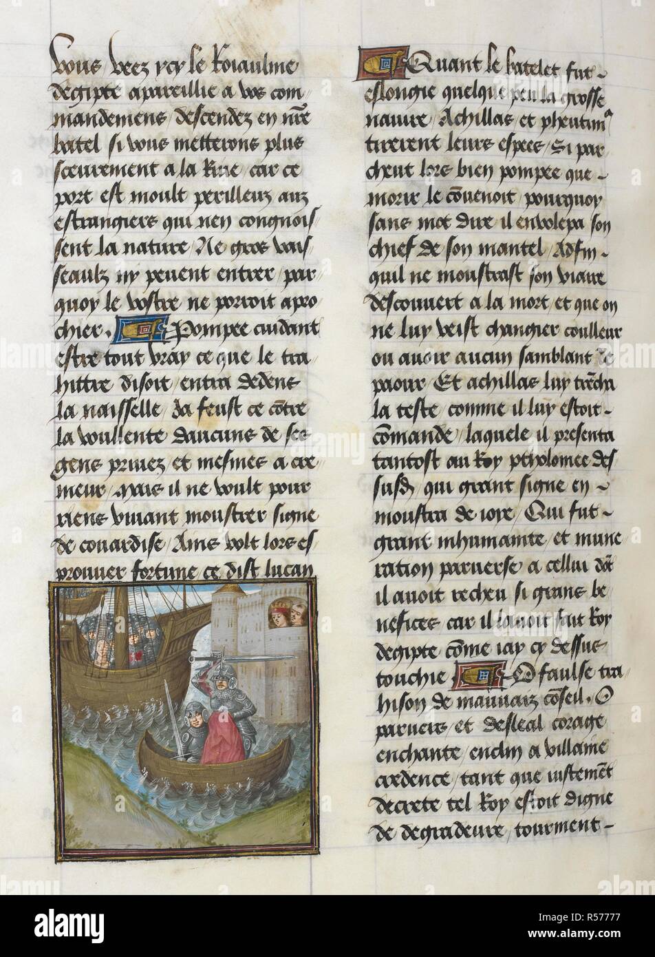La morte di Pompeo (Libro 10, 39). Cesare, tradotto da Jan Du Quesne (o Jean Duchesne), bellum Gallicum ( les commentaires de Cesar ). 1473-1476. Fonte: Royal 16 G.VIII, f.310v. Autore: GIULIO CESARE. Du Quesne, Jehan. Cerchio del padrone di Londra Wavrin. Foto Stock