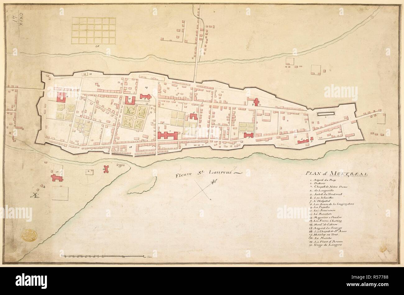 Un piano di Montreal. [Luogo di produzione non identificato] : J.A., 1756. Mappa manoscritto a penna e inchiostro con acquarello. Fonte: Mappe K.Top.119.41. Lingua: Inglese. Foto Stock