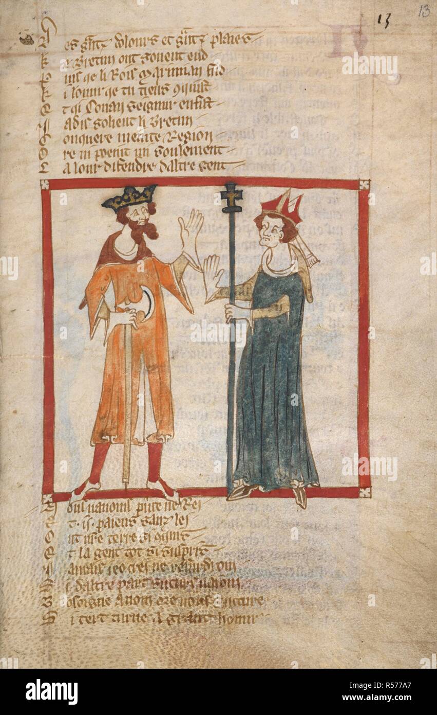 L Arcivescovo Guincelins appelli a re Aldrogen. Romanzi in francese versetto ... Il XIV secolo. Fonte: Egerton 3028 f.13. Autore: Wace, Canon di Bayeux. Foto Stock