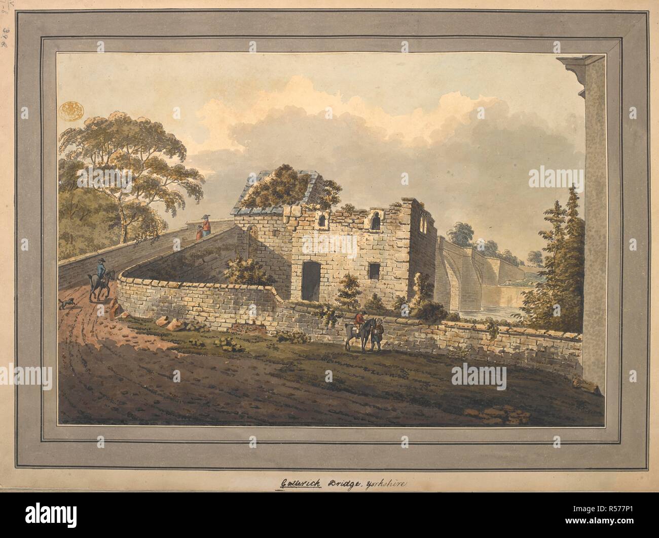 Nelle figure, un cavallo e cavaliere e un cane attraversando Ponte Catterick nello Yorkshire; il fiume Swale visibile sul lato destro; gli alberi in tutta la scena. Catterick Bridge Yorkshire. c. 1800-1810. Fonte: Mappe K.Top.45.39.b. Lingua: Inglese. Foto Stock