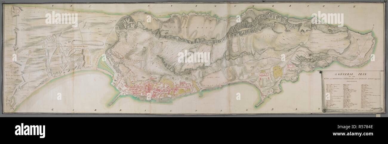 Un piano di Gibilterra che include la città, porti, moli, fortificazione, difese, riviste e la posizione delle batterie. Un piano generale della città e la penisola di Gibilterra con le linee spagnolo Agosto 1742. [Gibilterra] : [James Gabriel Montresor], [1742]. Fonte: Mappe K.Top.72.34.2.TAB. Lingua: Inglese. Autore: Montresor, John. Foto Stock