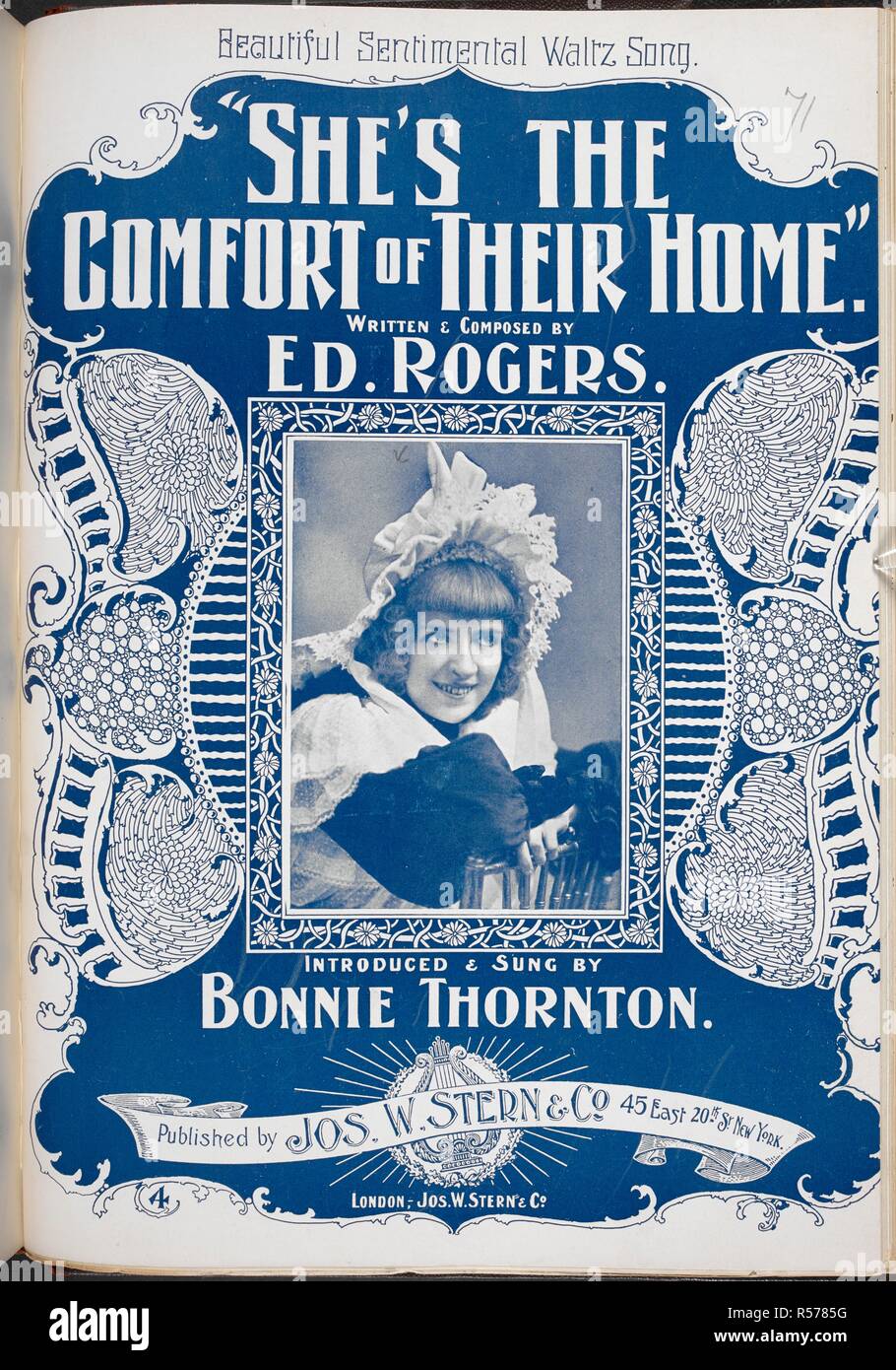 Ritratto fotografico del cantante, Bonnie Thornton (New York,c.1871 - Marzo 13, 1920.) Bonnie Thornton (nato Cox), è stato uno dei vaudeville del primo headliner. Coperchio di musica. "Egli è il comfort della propria casa." <Valzer canzone.> scritto e composto da E. Rogers, ecc. New York : Jos. W. Stern & Co, [1896]. Fonte: H.3981.p.(71). Il coperchio anteriore. Foto Stock