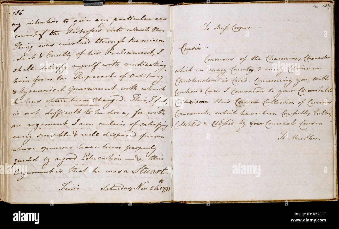 Regno di Carlo I. Storia dell'Inghilterra [Volume secondo]. Inghilterra; circa 1790-1793. [Intero folio] Testo; la fine del regno di Carlo I. Nota di Jane Austen indirizzata a sua cugina, Jane Cooper immagine presa dalla storia dell'Inghilterra [Volume secondo]. Originariamente pubblicato/prodotto in Inghilterra; circa 1790-1793. . Fonte: Aggiungi. 59874, SS93v-94. Lingua: Inglese. Foto Stock