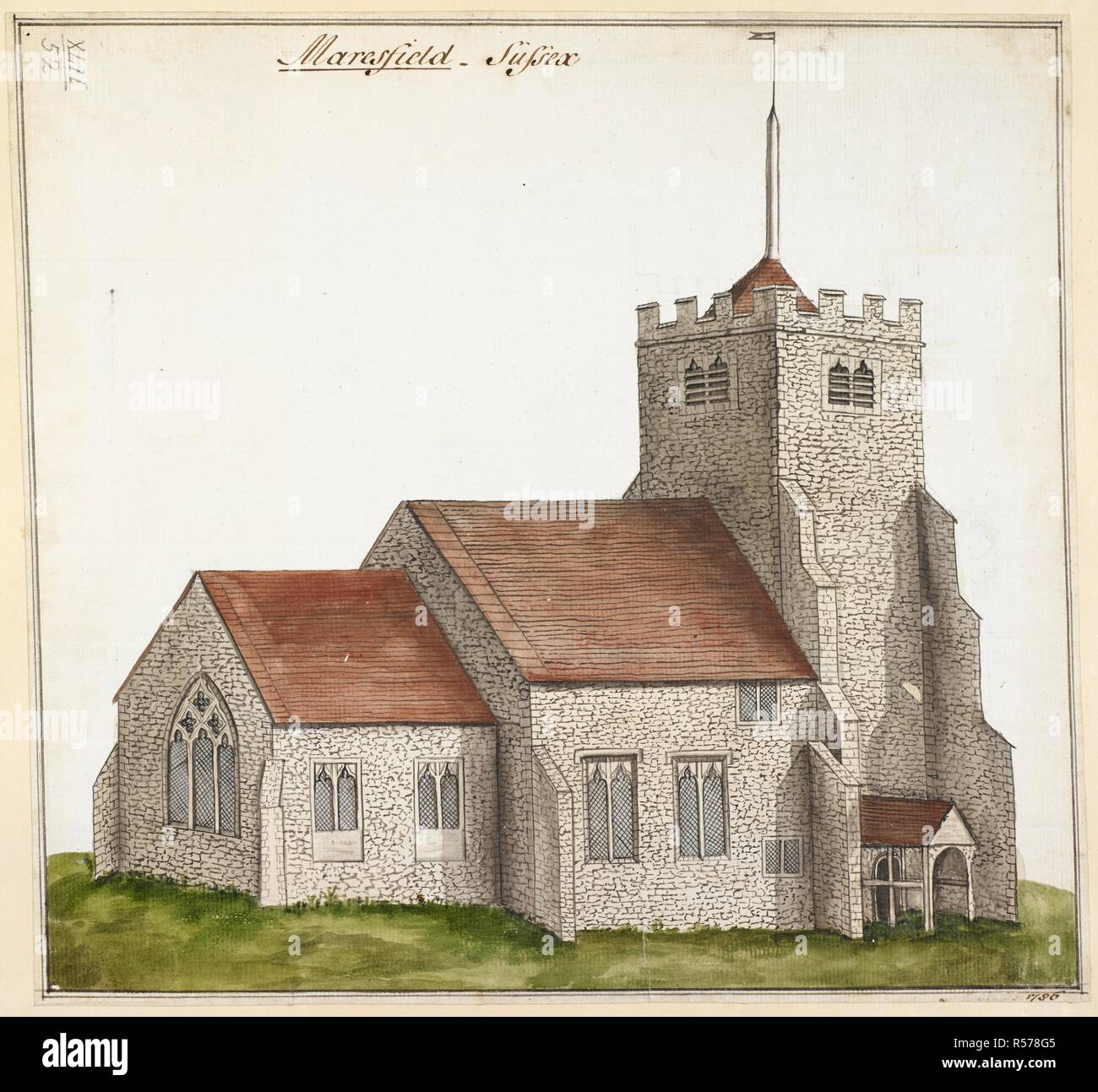 Vista colorate di San Bartolomeo è la Chiesa, Marefield, Sussex; erba in primo piano. Maresfield, Sussex. 1786. Penna e inchiostro nero con acquarello. Fonte: Mappe K.Top.42.52. Lingua: Inglese. Foto Stock