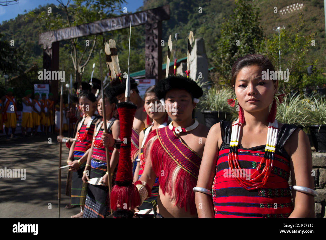 Naga Heritage Village, Kohima. Momenti prima che il Festival di Hornbill Foto Stock
