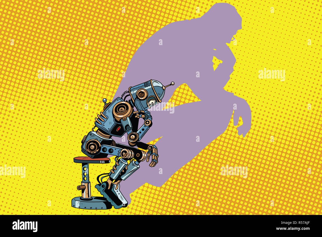 Il pensatore di robot con l'ombra di un uomo Foto Stock