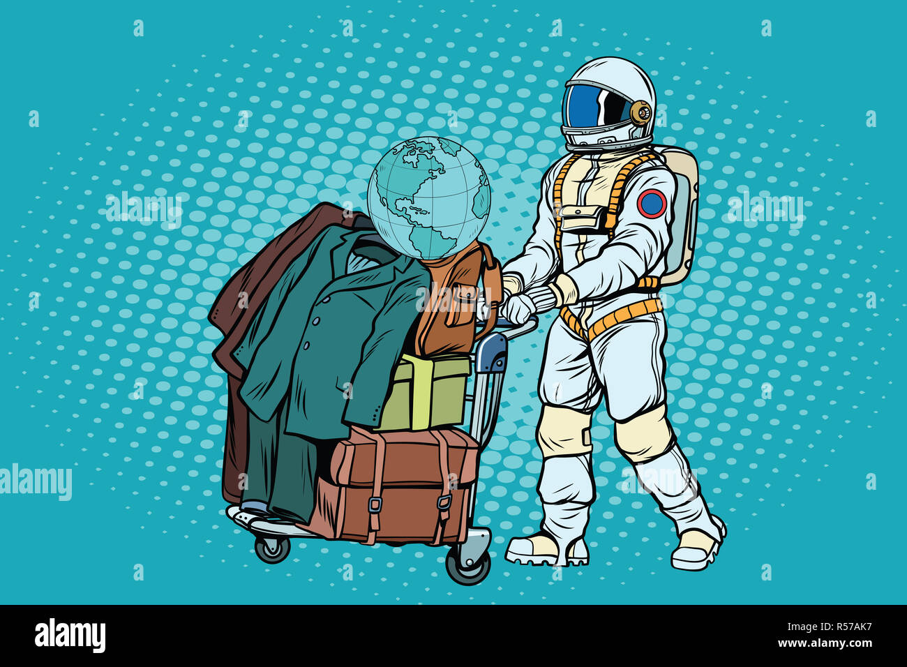 Astronauta viaggiatore con bagaglio carrello Foto Stock