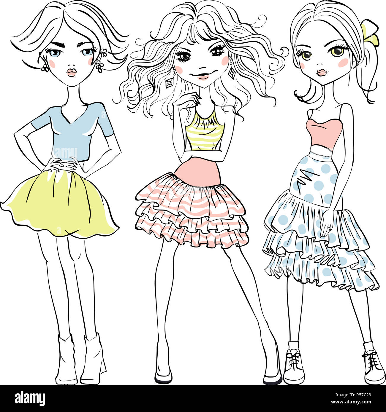 Vector carino fashion girls in t-shirt e gonne Foto Stock