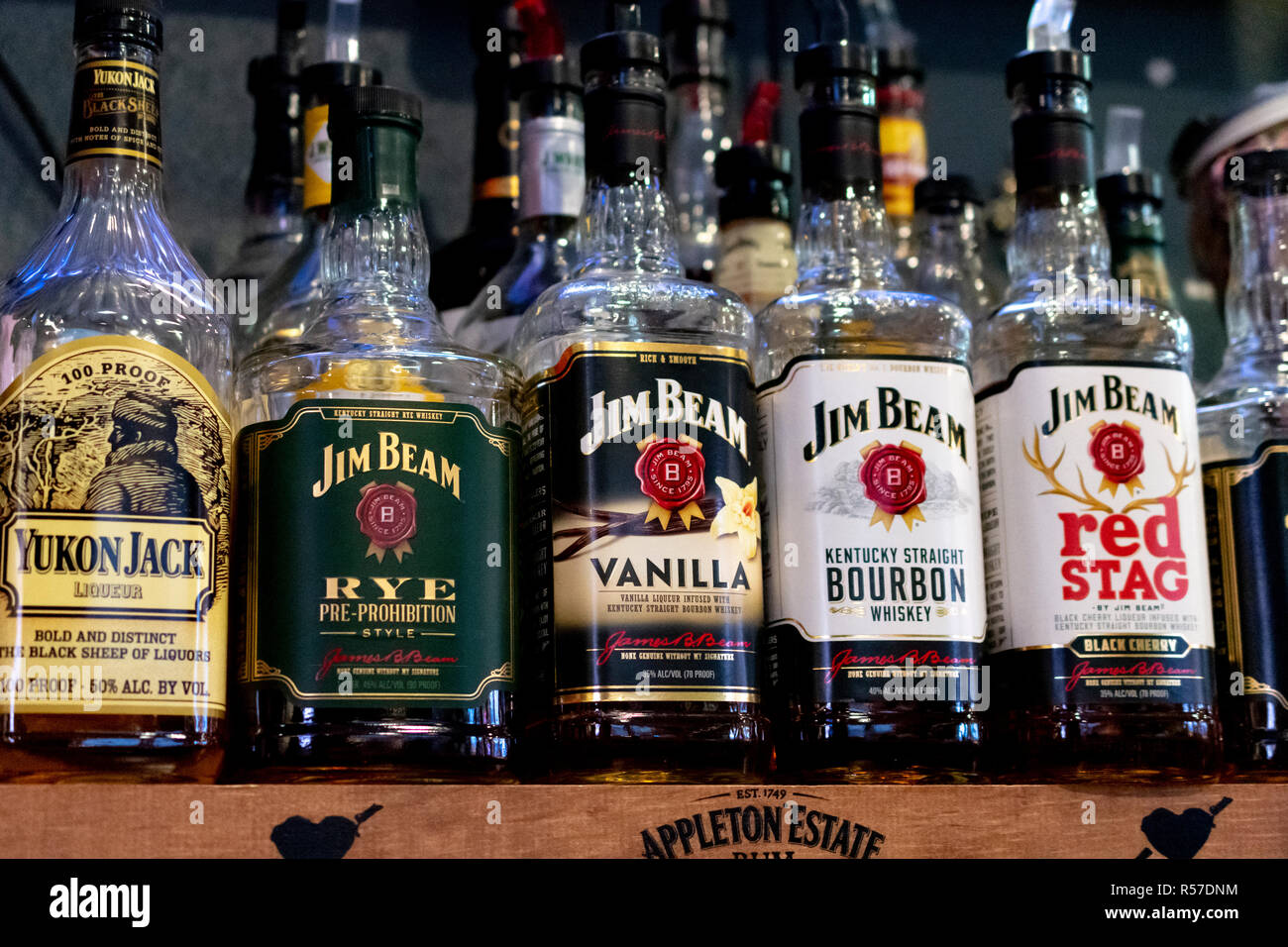 Whiskey Liquior bottiglie allineate su un ripiano Foto Stock