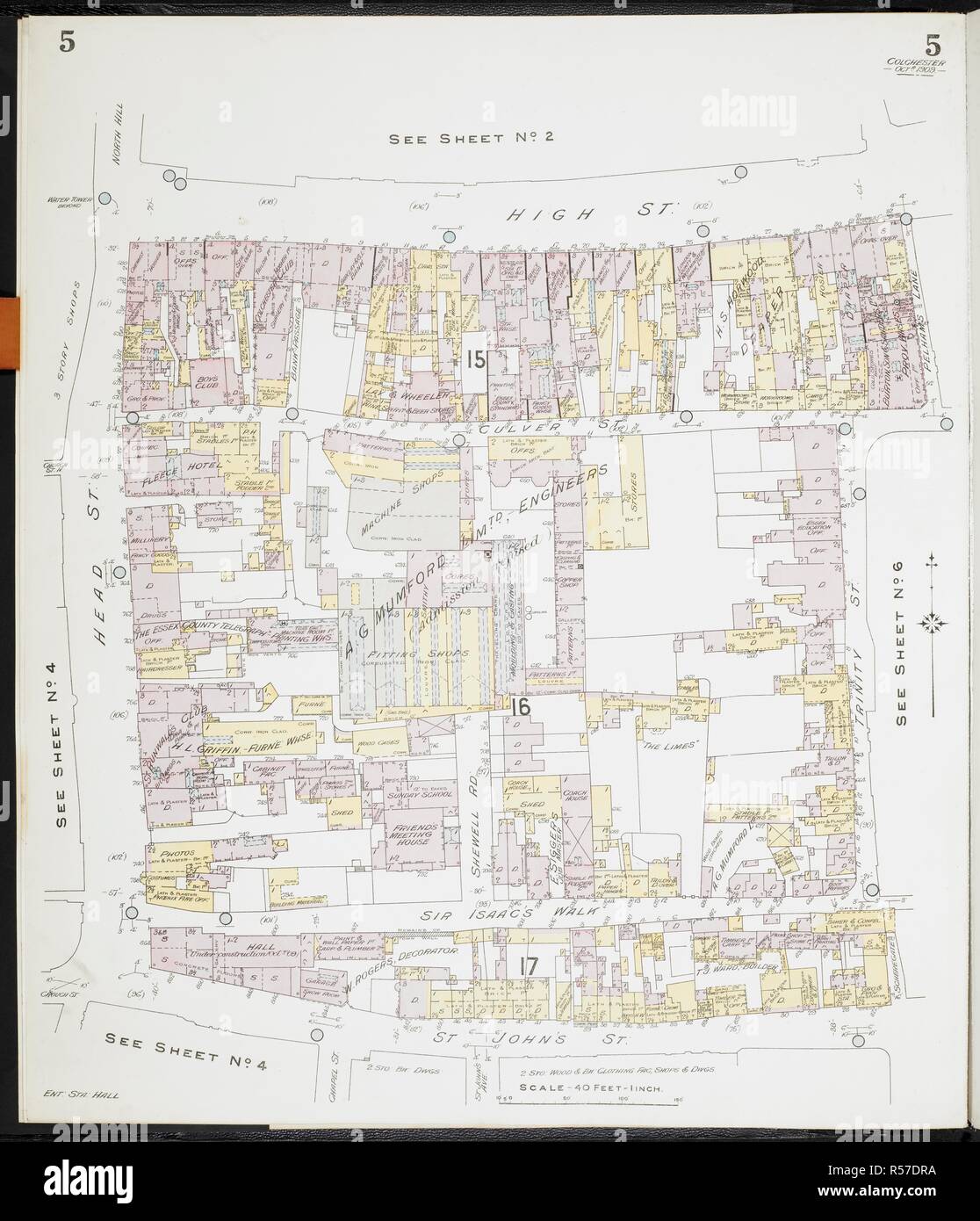 Mappa di Colchester, Essex. Colchester, Essex) : [incendio piani di assicurazione]. Londra : Chas. E. Pungolo Limited, 1909. 63x54cm.; Scala [1:480]. 40ft = 1 pollici. Fonte: Mappe 149.b.29.(2) foglio 5. Foto Stock