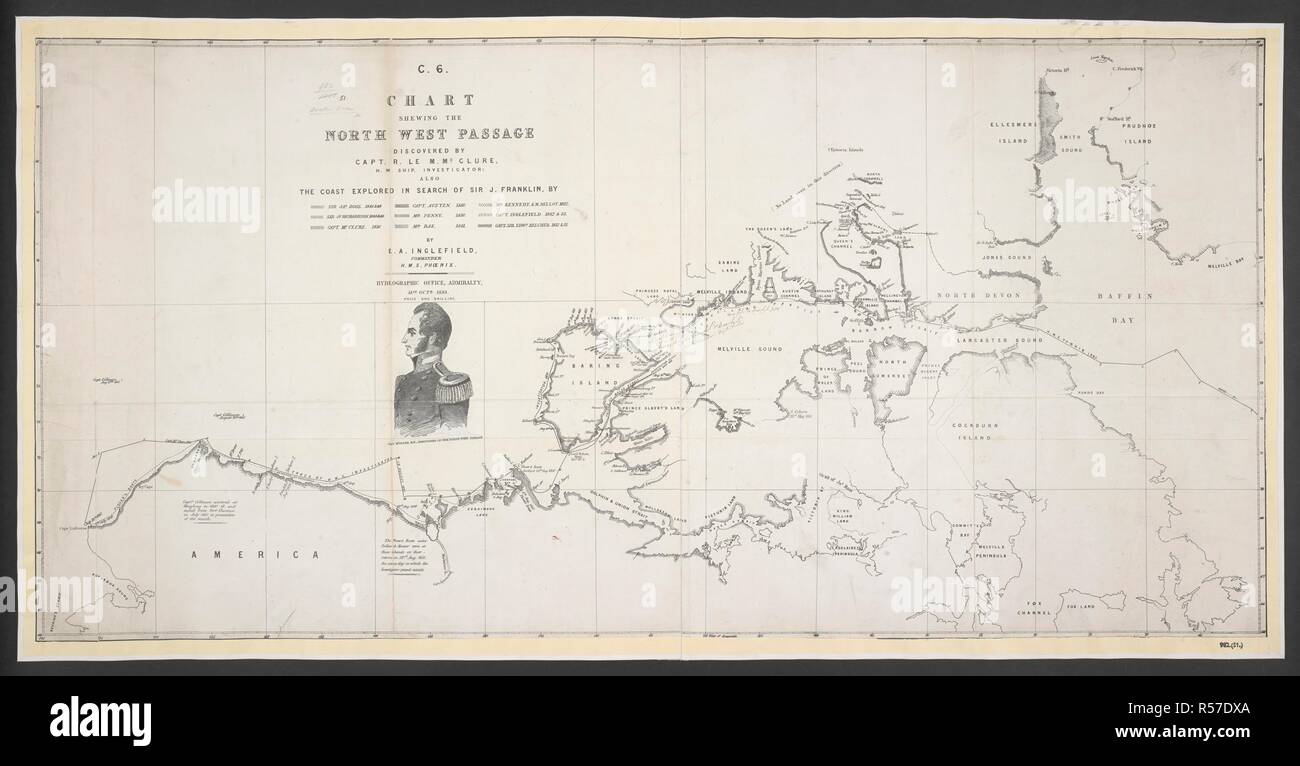 Un grafico che mostra il passaggio a nord-ovest. Grafico annunziando il passaggio a nord-ovest scoperto da Capt. R. Le M. M'Clure ... Anche tho costa esplorato in cerca di Sir J. Franklin, da Sir J. Ross, 1848-49; Sir J. Richardson, 1848-49; Capt. M'Clure, 1850; Capt. Austen, 1850; il sig. Penny, 1850; il sig. Rae, 1851; il sig. Kennedy & M. Bellot, 1852; Capt. Inglefield, 1852-53; Capt. Sir E. Belcher, 1852-53. Da E. A. Inglefield. Londra, 1853. Fonte: mappe 982.(51). Lingua: Inglese. Foto Stock