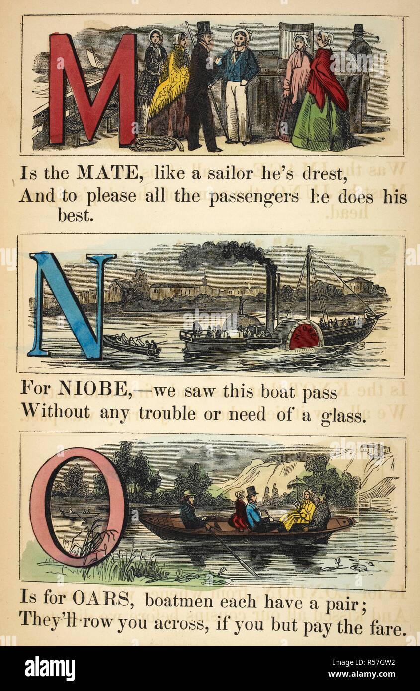 M è per il compagno. N è per Niobe. O è per i remi. Dean ha in barca a vapore alfabeto : un compagno per la Ferrovia alfabeto. Londra : Dean & Son, [1855]. Fonte: C.194.b.70.(1). Foto Stock