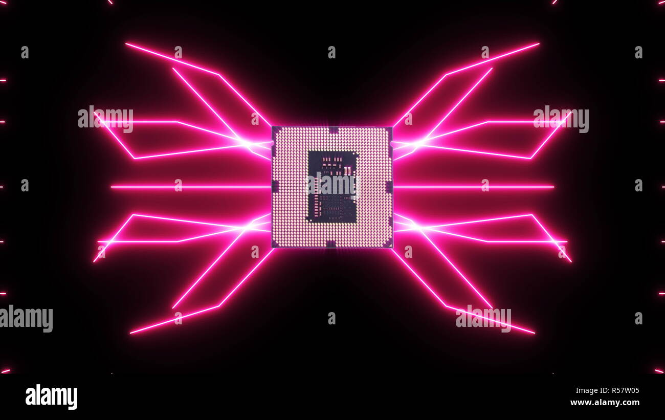 Perfettamente il loop video futuristico di scheda a circuito stampato con rosa in movimento gli elettroni con la CPU Foto Stock