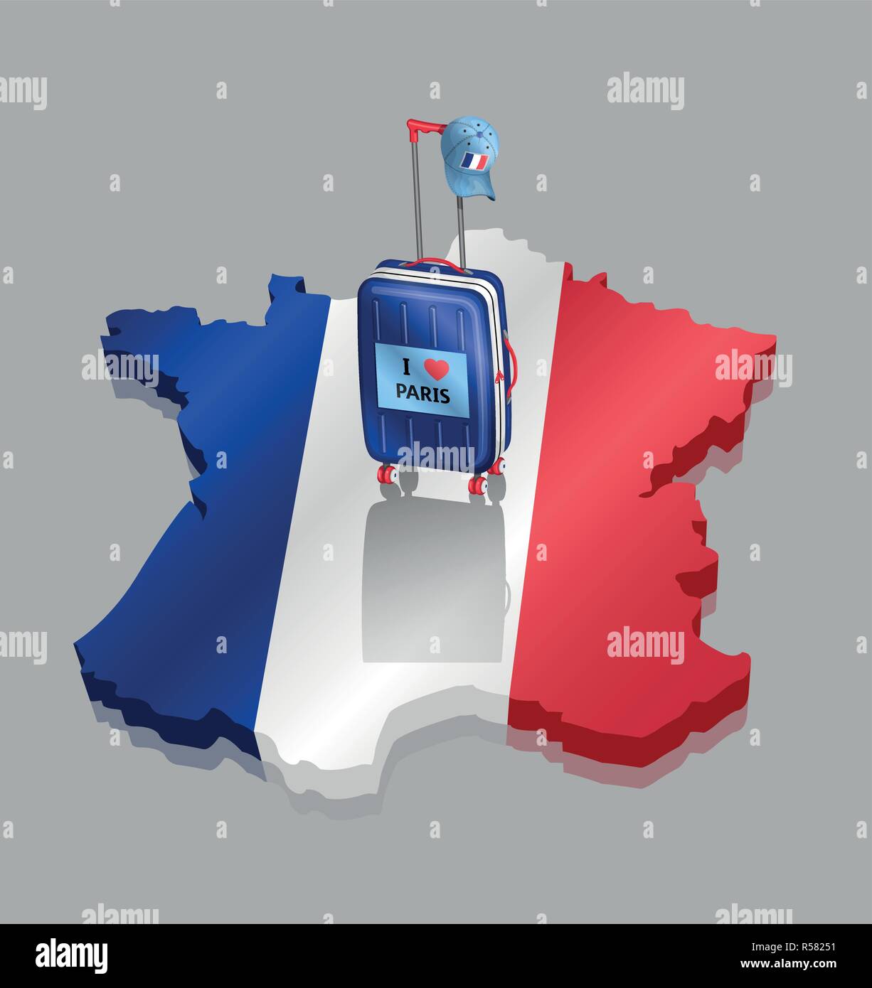 Valigia con cappuccio francese su 3D Francia mappa. Tutti gli oggetti sono in diversi strati e i tipi di testo non è necessario alcun font. Illustrazione Vettoriale