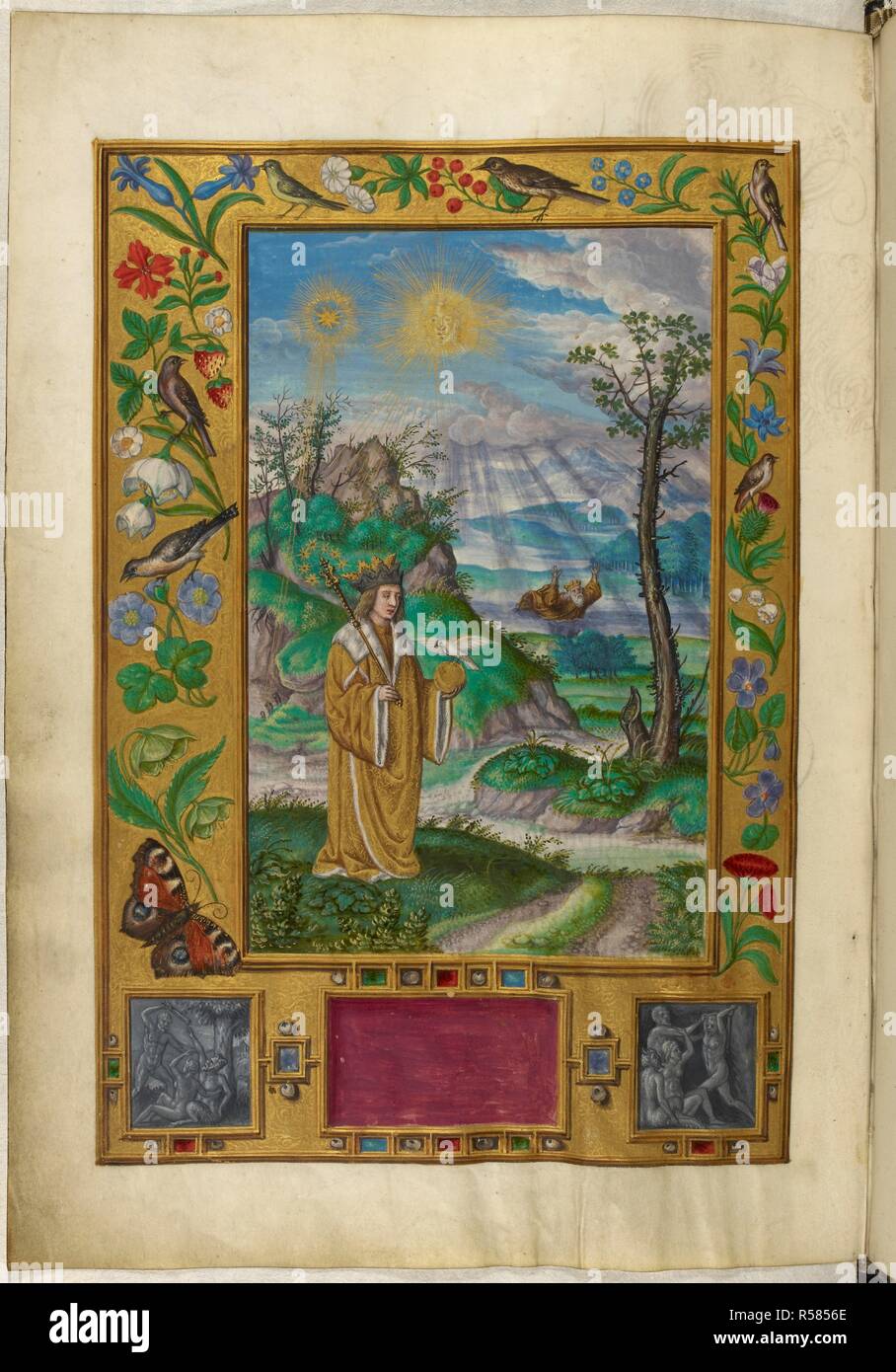 Illustrazione della terza parabola: un letto queen size o king tenendo lo scettro e palla dorata; dietro, coronata figura il nuoto o affogamento; confina decorata con uccelli, fiori e una farfalla. Splendor Solis. Germania, 1582. Fonte: Harley 3469, f.16v. Lingua: tedesco. Autore: Trismosin, Salomon. Foto Stock