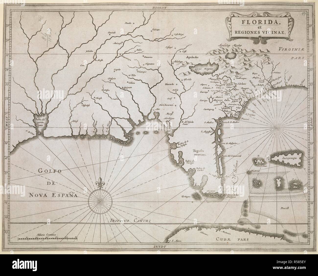 Una mappa della Florida e delle regioni limitrofe. FLORIDA, et REGIONES VICINAE. [Leiden] : [Joannes de Laet], [tra il 1630 e il 1640.]. Incisione su rame. Fonte: Mappe K.Top.122.78. Lingue: Latina. Foto Stock