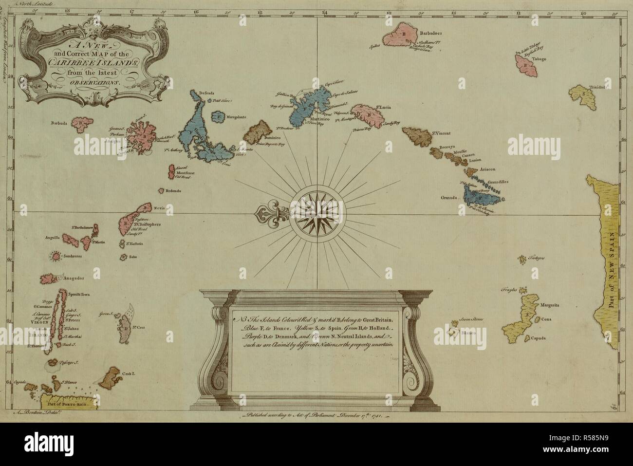 Una mappa delle Indie Occidentali. Un nuovo e corretto Mappa delle Isole Caribbee. 1751. Fonte: Mappe K.Top.123.66.1. Lingua: Inglese. Foto Stock