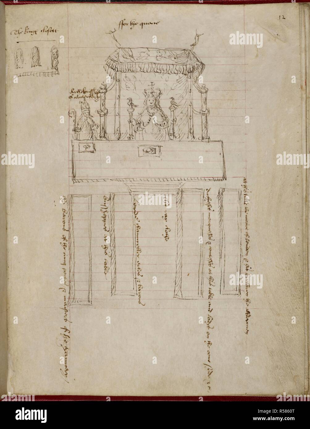 Schizzo di Queen Anne Boleyn, seconda moglie del Re Enrico VIII, seduto sotto una tettoia, coronato, con sceptres in ogni mano; l Arcivescovo di Canterbury sulla sua destra. Al di sotto di un piano per la regina della incoronazione la cena nella Westminster Hall, 1 giugno 1533. Inghilterra; 1533. [Intero folio] . Fonte: Harley 41, f.12. Lingua: Inglese. Foto Stock