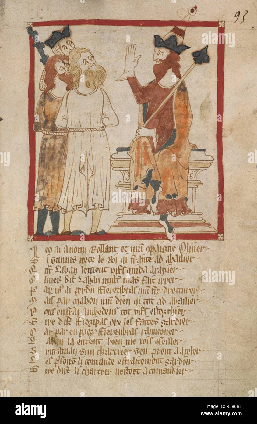 Roland e Oliver ha portato i prigionieri prima di Labano. Romanzi in francese versetto ... Il XIV secolo. Fonte: Egerton 3028 f.93. Autore: Wace, Canon di Bayeux. Foto Stock