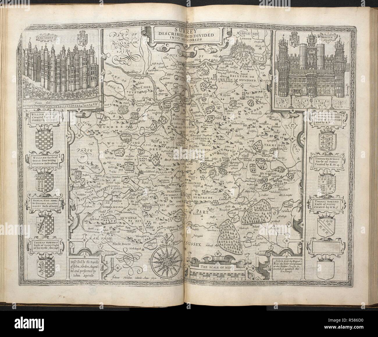 Una mappa di Surrey. Una prospettiva delle più famose parti del mondo ... insieme con tutte le province, contee e shires, contenute in quel grande teatro del grande impero Britaines. Eseguita da Giovanni velocità. Londra : stampato da M. e S. Simmons, e sono destinati ad essere venduti da Roger Rea il sambuco e Roger Rea il giovane, al Golden Crosse su Cornhill contro la Royal Exchange, 1662 [ossia 1665]. Fonte: Mappe C.18.C.4, tra le pagine 11-12. Lingua: Inglese. Foto Stock