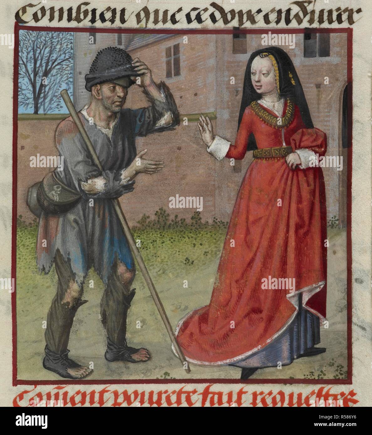 Dettaglio di una miniatura di Pauvrete (povertà) accattonaggio da Richesse (ricchezza). . Roman de la Rose. Paesi Bassi, S. (Bruges). c. 1490-c. 1500. Fonte: Harley 4425 f.73. Lingua: Francese. Autore: MEUN, JEAN DE. Foto Stock