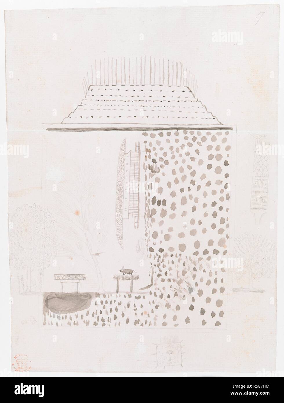 Un edificio nativo. Disegni in inchiostro di china, illustrativi di Capt. Cuocere primo viaggio, 1768 -1770, principalmente relative a Otaheite e Nuova Zelanda, da A. Buchan, John F. Miller ed altri. 1786-1770. Fonte: Aggiungi. 15508 f.15, No.17. Foto Stock