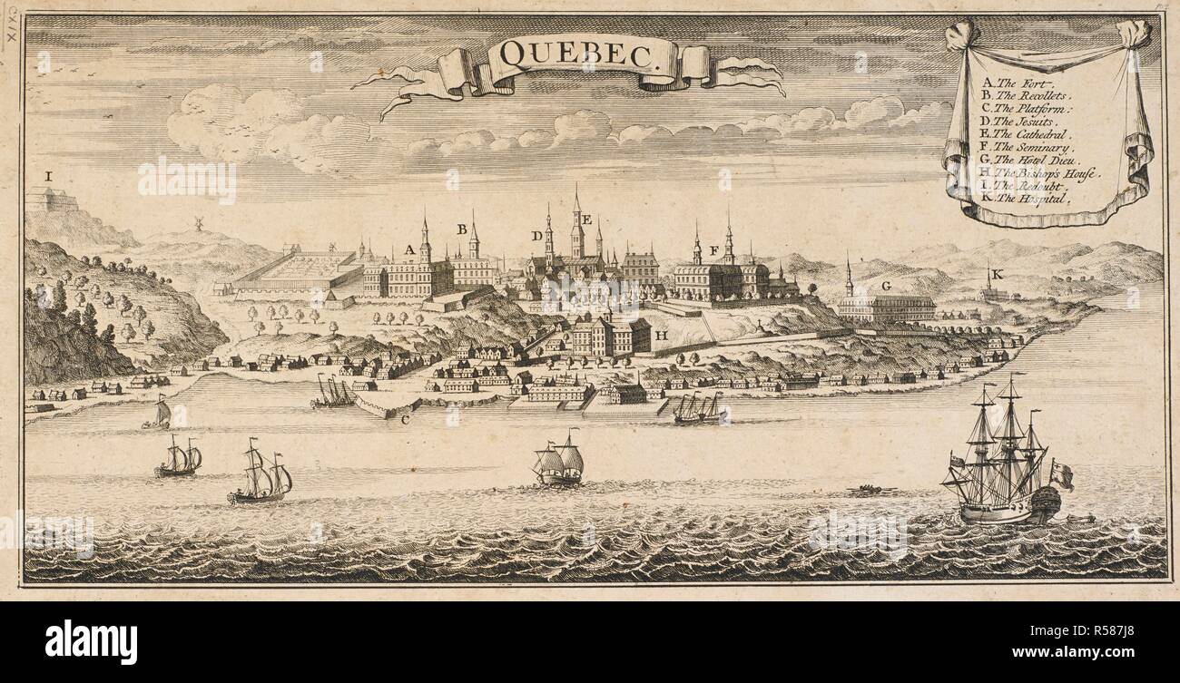 Una vista del Québec dal St Lawrence River; navi nell'acqua. QUEBEC. [Amsterdam] : [stampate per Jon CoÌvens e Cornelio Mortier], [circa 1742]. Incisione e incisione. Fonte: Mappe K.Top.119.39.b. Lingua: Inglese. Foto Stock