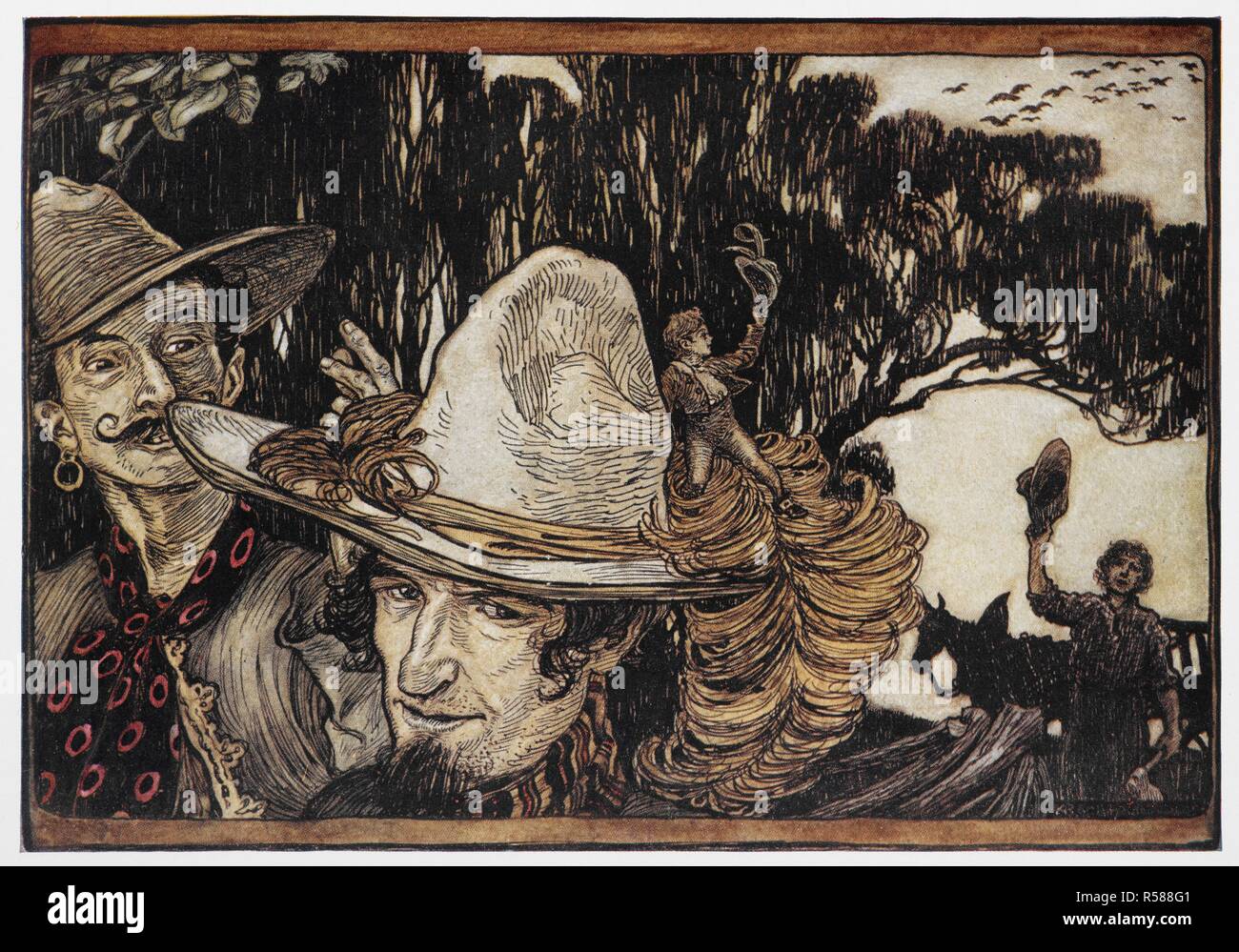 Tom Thumb seduto sull'orlo di un cappello. Grimm di favole. Illustrato da Arthur Rackham. Londra : William Heinemann, [1925]. 'Quando Tom aveva detto addio al padre se ne andarono con lui.". Fonte: 12410.r.7. pagina a fronte 128. Autore: RACKHAM, Arthur. GEBRUEDER GRIMM. Foto Stock