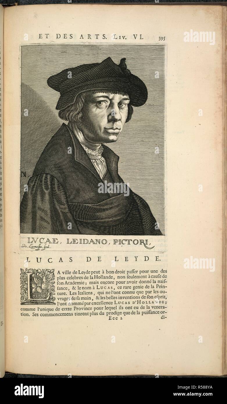 Lucas Van Leyden. Academie des sciences et des Arts, contenant les v. Bruxelles, 1682. Lucas Van Leyden, noto anche come Lucas Jacobsz o Hugensz (1494 -1533). Pittore olandese ed incisore. Ritratto. Immagine presa da Academie des sciences et des Arts, contenant les vies & les Eloges historiques des hommes illustres, qui ont excellÃ© en ces professioni depuis environ quatre siÃ©cles parmy diverses unite de l'Europe: avec leurs pourtraits tirez sur les originaux au naturel, & plusieurs iscrizioni funebres recueÃ¯llies de leurs tombeaux, ecc. [Edito da Jacques Ignace Bullart.]. Originariamente pub Foto Stock