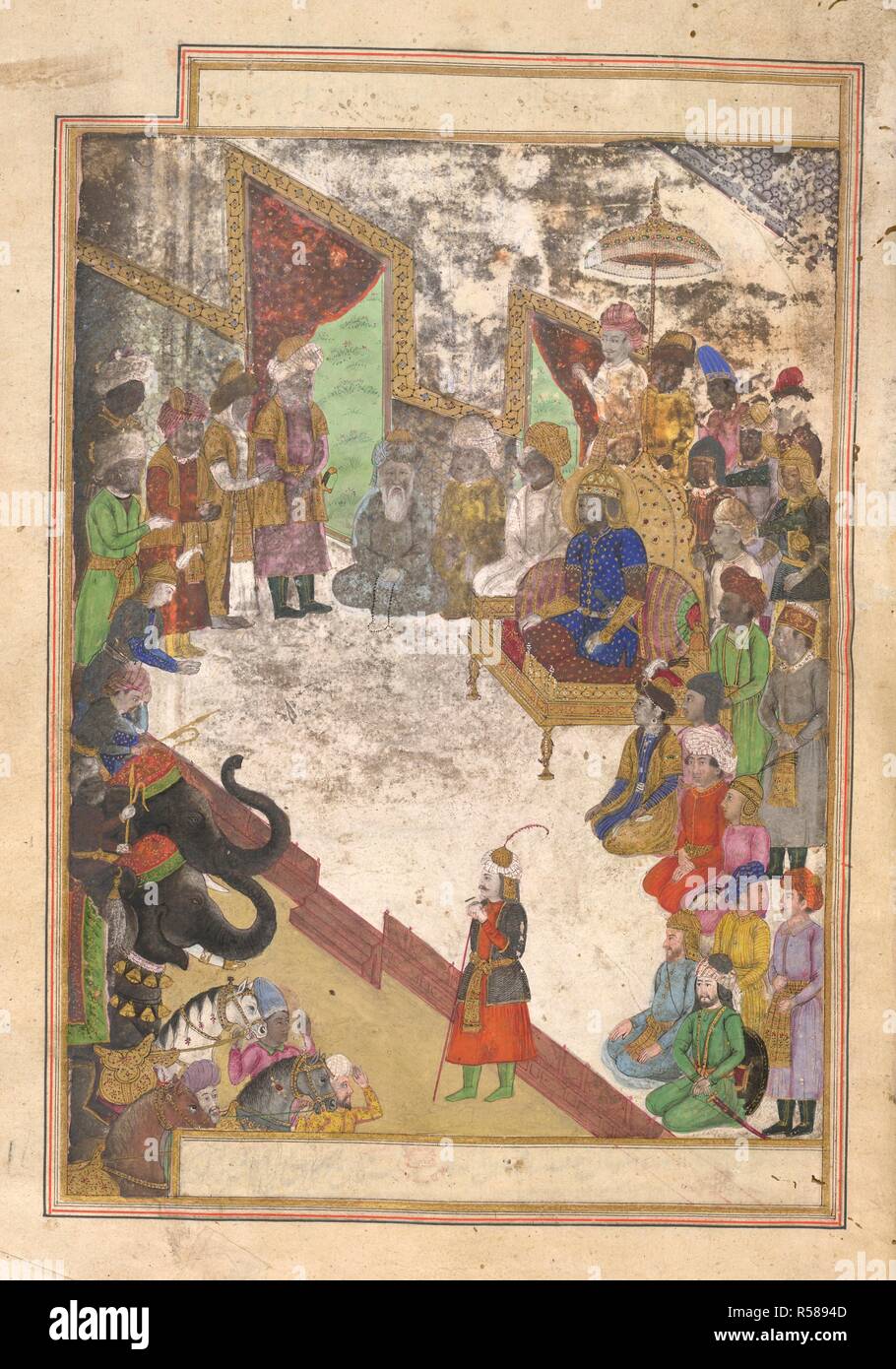 Timur ricezione di elefanti e altri bottino. Malfuzat-HO Timuri. Di Mughal,del XIX secolo. Timur ricezione di elefanti e altri bottino dopo aver sconfitto Amir Husain a Balkh . Immagine presa da Malfuzat-HO Timuri . Originariamente pubblicato/prodotto in Persia . . Fonte: o. 158, f.93. V.o. persiano. Foto Stock